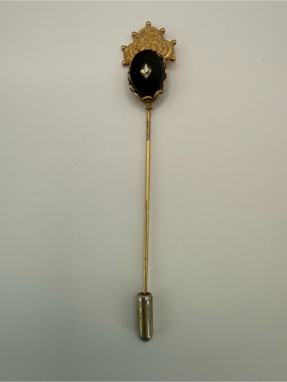 Vintage Black Rhinestone Ornate Gold Tone Stick Pin